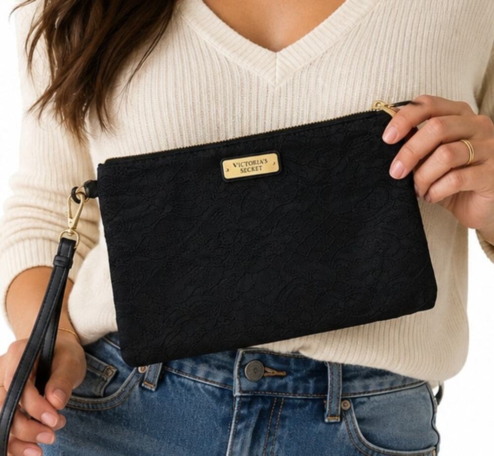 Victoria’s Secret Black Lace Wristlet Clutch Cosmetic Makeup Bag Zip Pouch Gold
